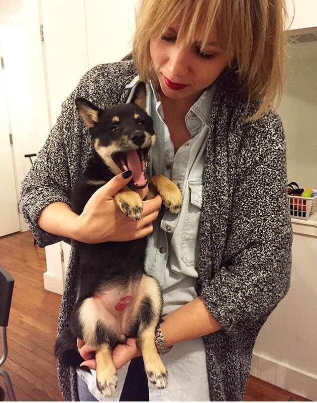 Kvinde i grå sweater holder sin sorte og brune hund op.