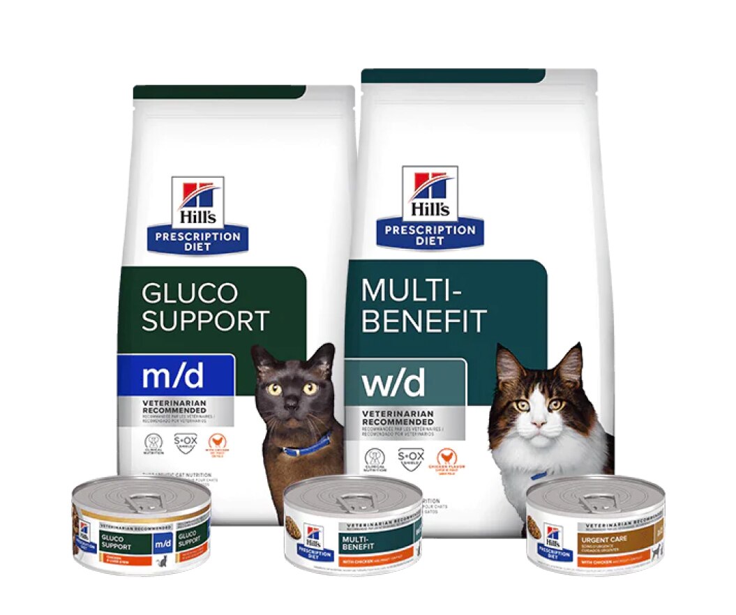 Prescription Diet multi-benefit and gluco support cat food range