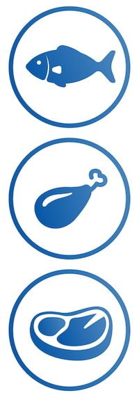 Et sæt med tre ikoner: et blåt fiskeikon, et kyllingelårsikon og et oksebøfsikon.